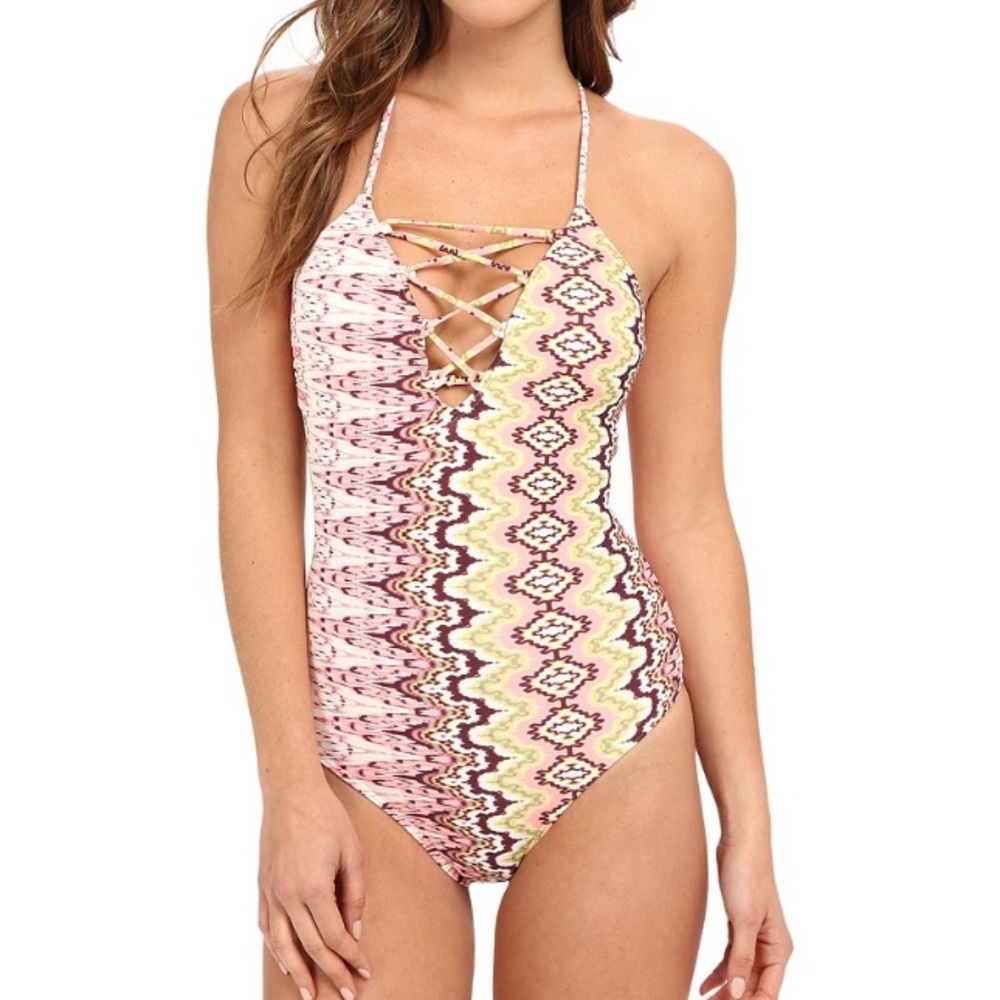 O'Neill Pink Yellow Patterned One-Piece Swimsuit